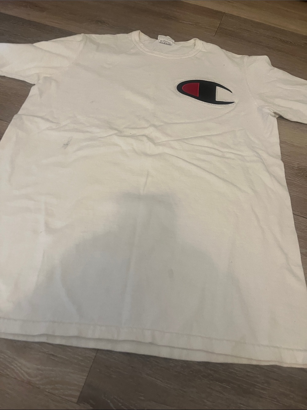 Champion White Short-Sleeve Tee with Black and Red Logo